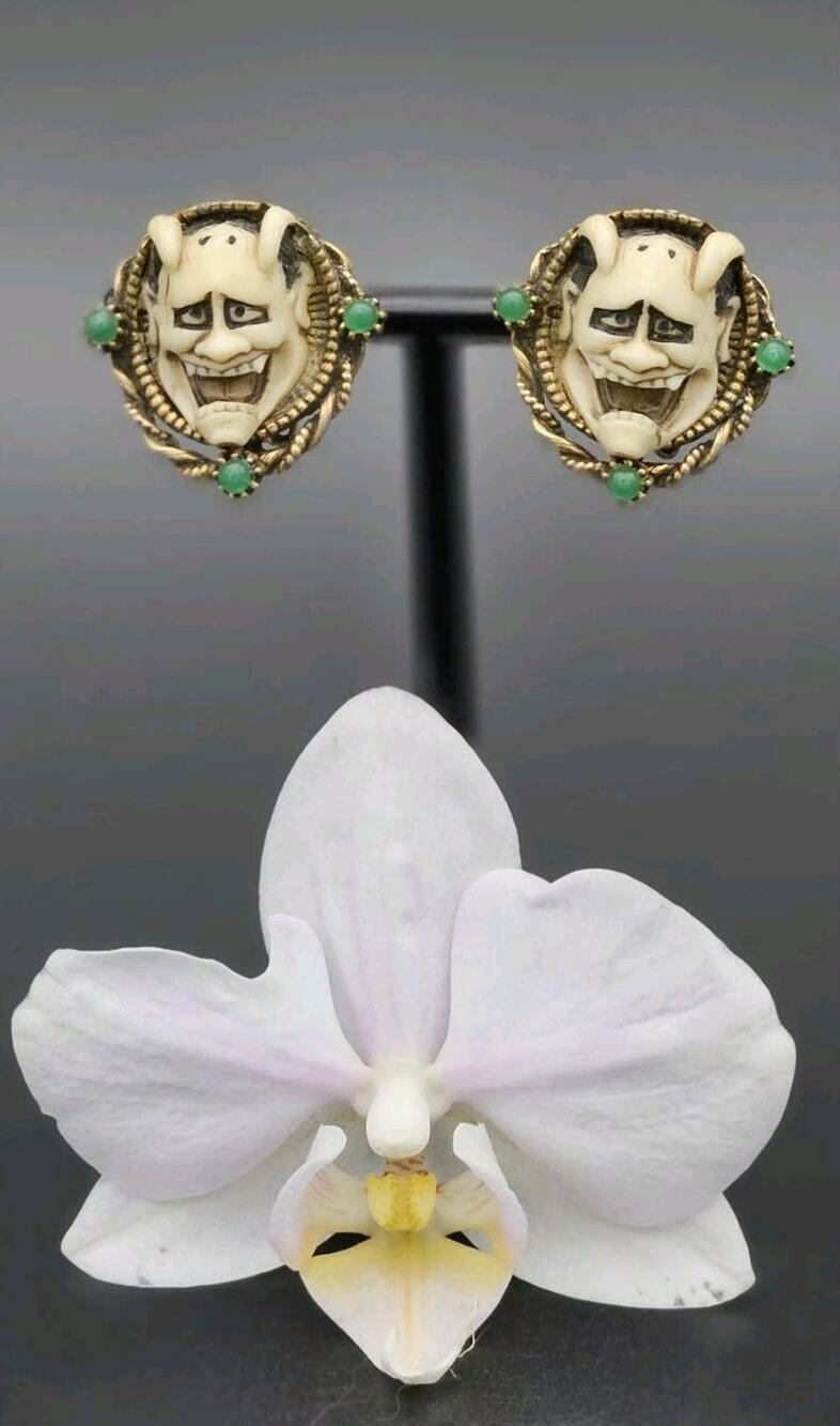 Vintage Japanese Oni Demon Mask Clip Earrings Carved Jade Gold Tone